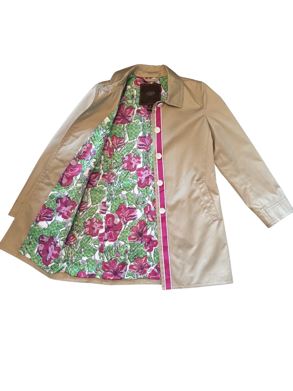 Coach Beige Trench Coat with Pink & Green Floral Lining